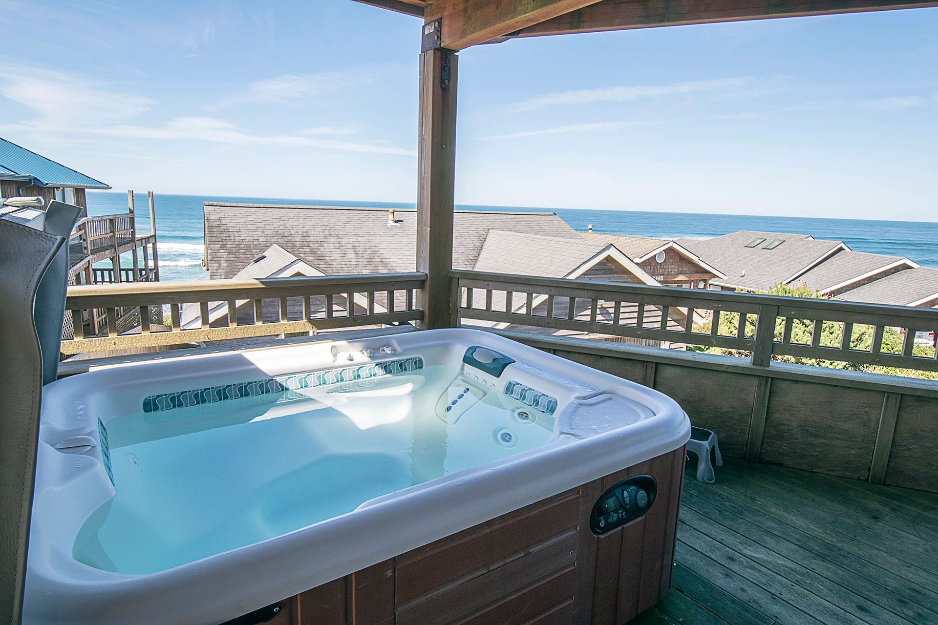 Hot tub overlooking the coast on a clear day
